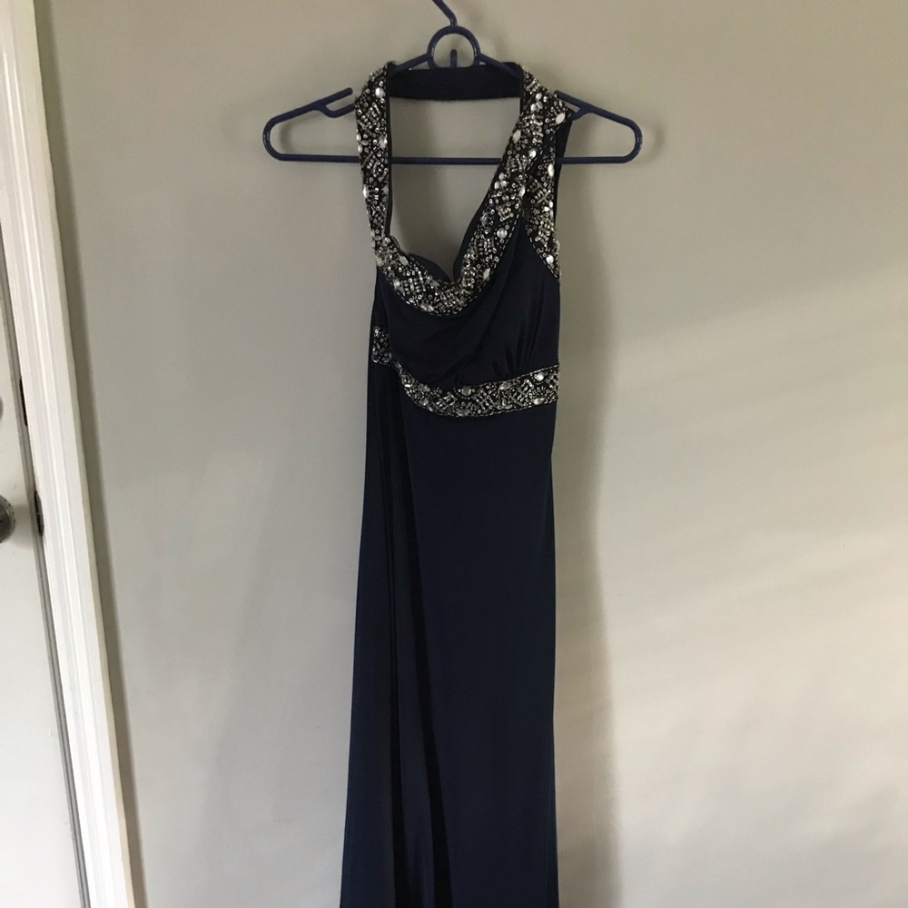 Navy one shoulder prom dress